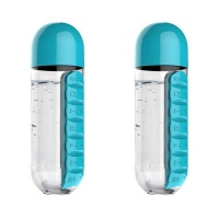 Pack Of 2 600ml Outdoor Water Bottles With 7 Day Pill Box Organizer Blue