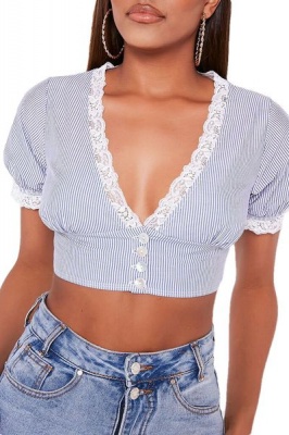 Photo of I Saw it First - Ladies Blue Pinstripe Lace Trim Button Front Crop Top