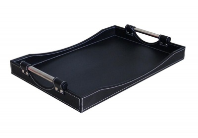 Decadent Leather Bound and Stainless Steel Handle Serving Tray