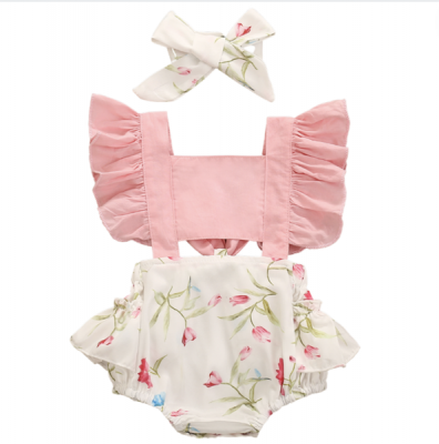 Photo of Light Pink summer romper with floral print shoulder ruffles and back tie