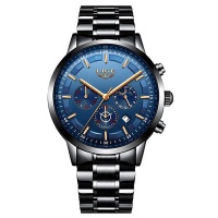 LIGE Luxury Stainless Steel Watch for Men Black with Blue Dial