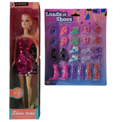 Fashion Doll with Pink Sequence Dress and Extra Shoes