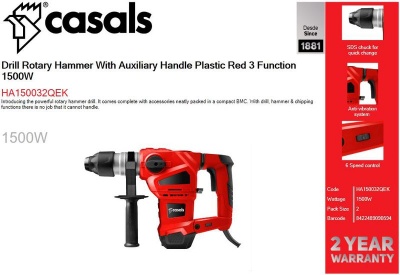Photo of Casals Drill Rotary Hammer - Red - 3 Function - 1500W