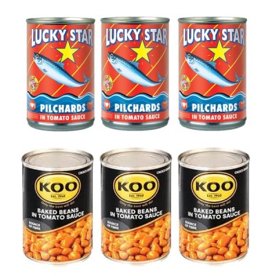 3x400g Lucky Star Pilchard in Tomato Sauce and 3x410g Koo Baked Beans