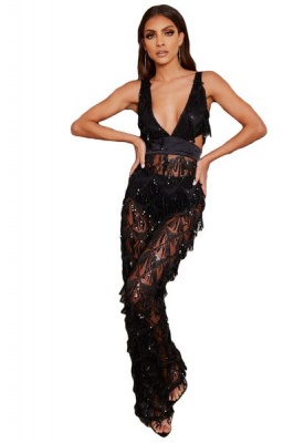 Photo of I Saw it First - Ladies Black Plunge Sequin Jumpsuit
