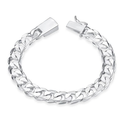 Photo of Silver Designer Flat Curb 10mm Men's Bracelet with Safety Clip Clasp