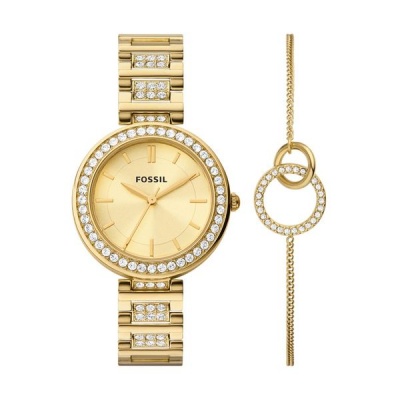 Fossil Womens Karli Three Hand Gold Tone Stainless Steel Watch and Bracelet Box Set