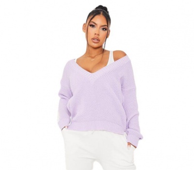 Photo of I Saw it First - Ladies Lilac V Neck Ribbed Long Sleeve Jumper