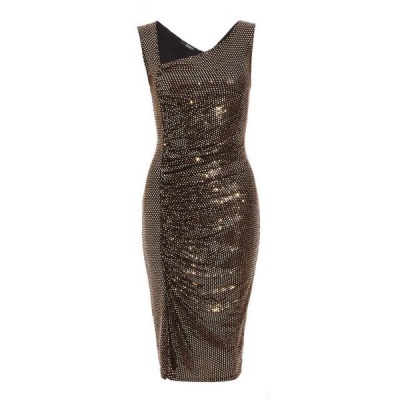 Photo of Quiz Ladies Gold Sequin Asymmetric Strap Ruched Side Midi Dress