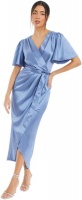 Quiz Ladies Blue Satin Wrap Ruched Midi Dress