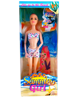 Doll Beach with Pink Glitter Hat and Surfboard