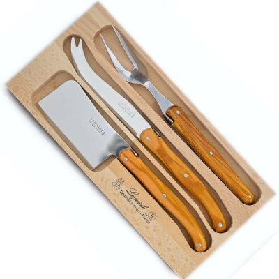 Photo of André Verdier Laguiole 3 Piece Cheese Set Olive Wood with Fork