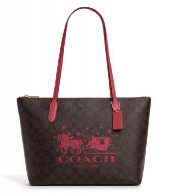 Coach New York Coach Zip Top Tote In Signature Canvas with Horse and Sleigh Brown Rouge