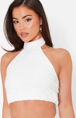 I Saw it First Ladies White Textured Halterneck Crop Top Co Ord