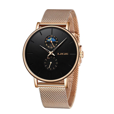 LIGE Womens Rose Gold Watch With Black Dial
