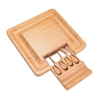 Home Gift Bamboo Cheese Board Cutlery Knife Set With Slide Out Drawer 33cm