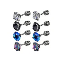 4pk Diamond Zircon Double Headed Earrings Stainless Steel Earrings Set