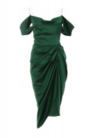 Quiz Ladies Green Satin Ruched Cold Shoulder Midi Dress