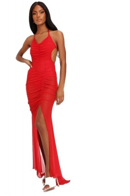 Photo of I Saw it First - Ladies Red Mesh Ruched Front Backless Maxi