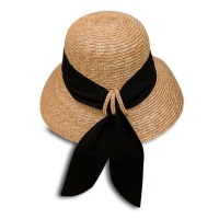 Cloche Straw Boater Wide Brim Hat Black Ribbon