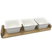 Dream Home Creative White Ceramic Bowl with Bamboo Wood Tray 4 piecess Set