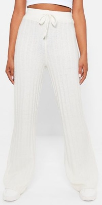 I Saw it First Ladies Cream Recycled Knit Blend Wide Leg Rib Trousers