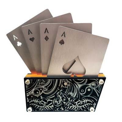 Stainless Steel Playing Cards Coaster Bottle Opener Set of 4 with Base