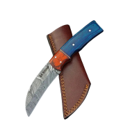 Handmade Damascus Skinning Knife Blue Handle With Leather Sheath