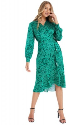 Quiz Ladies Green Animal Print Wrap Midi Dress