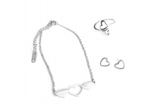 Stainless Steel Jewellery Set Ring Earring and Bracelet Double Heart