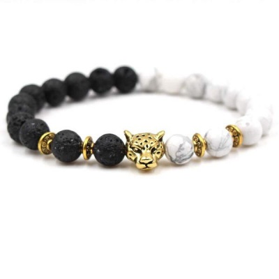 Photo of Argent Craft Natural Lava Stone & Howlite Bracelet with Leopard Head - Gold