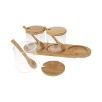 3 Piece Transparent Glass Spice Jar Set With Wooden Lid And Spoon