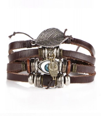 SilverCity Leather Vintage Rustic Leaf Owl Eye Symbol Bracelet For Men