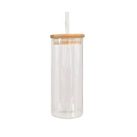 Glass Water Tumbler with Bamboo Lid and Glass Straw BPA Free