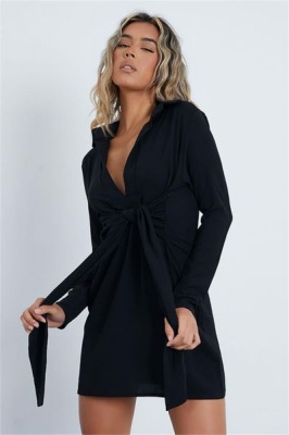 I Saw it First Ladies Black Woven Tie Front Shirt Dress
