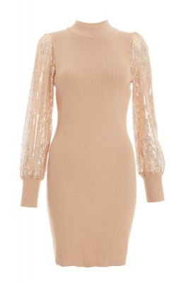 Quiz Ladies Stone Knitted Sequin Sleeve Jumper Dress
