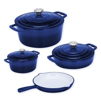 Dark Blue Authentic Cast Iron Dutch Oven Cookware Pot Set 7 Pieces