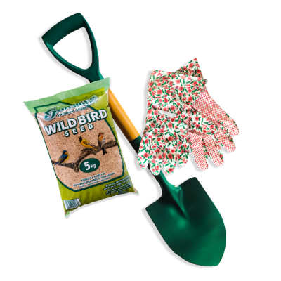 Photo of Grovida Pink & Green Garden Gloves 5kgs Wild Bird Seed and Shovel Combo