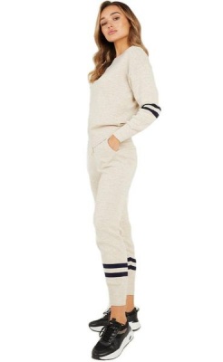 Photo of Quiz Ladies Striped Knitted Lounge Set - Stone