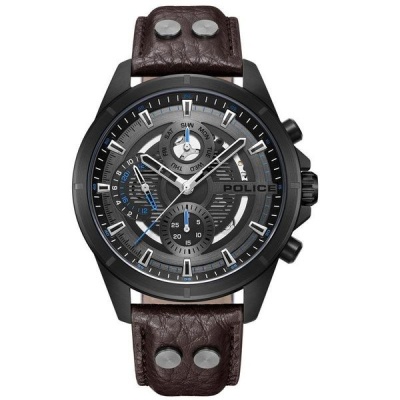 Police Malawi Multifunction Leather Strap Watch Padded Brown Strap