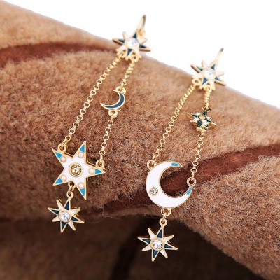 Long Star Moon Tassel Drop Dangle Earrings For Women