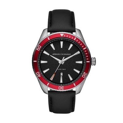 Armani Exchange Three Hand Date Black Leather Watch AX1836