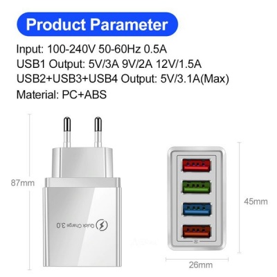 Photo of Digital Tech USB Wall Charger/ Adapter - 4 Port Fast Charge Compatible - White & Blue