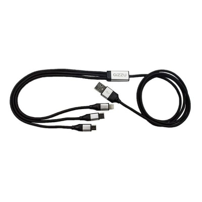Gizzu 3in1 USB to Micro USBType CLightning 12m Cable Black