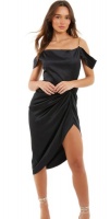 Quiz Ladies Black Satin Ruched Cold Shoulder Midi Dress