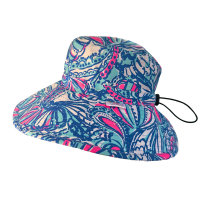 Blue Pink Floral Extra Wide Brim Bucket Sun Hat