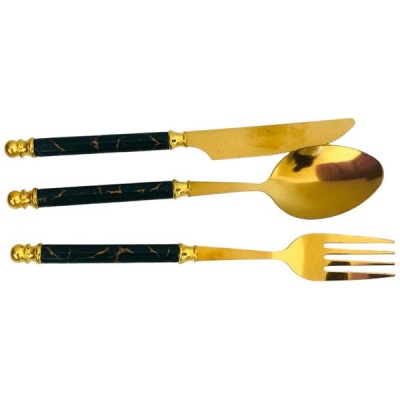 Stainless Steel Gold Cutlery Set With Marble Pattern Handle 3 Piece