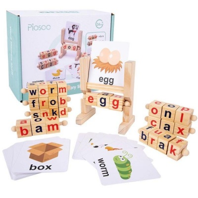Childrens Wooden Spelling Puzzle Stand with 3D Alphabet Spelling Cards Toy
