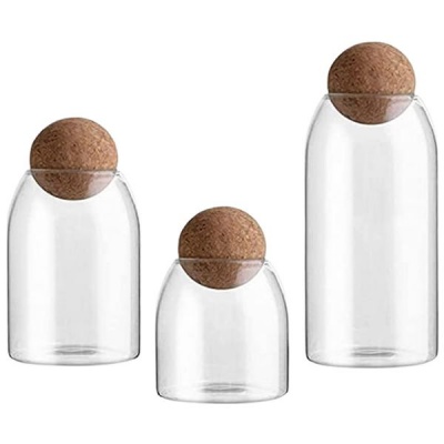 3 Piece Glass Jars with Airtight Ball Cork Lid Clear Food Storage Canister