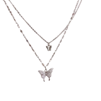 Silver Rhinestone Butterfly Double Layers Necklace
